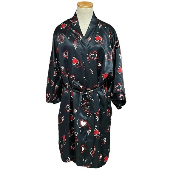 Dentelle Robe & Chemise Set Women's L Large Black Red Heart Pattern Slip Knee - Picture 1 of 17